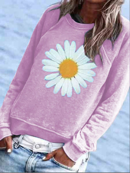 Sweat-shirt à capuche et col rond à imprimé floral pour femme QAL23