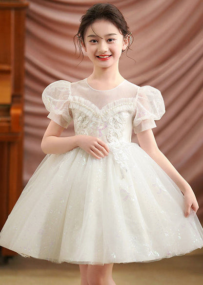 Robe de soirée blanche en tulle brodé pour bébé fille, manches bouffantes, été