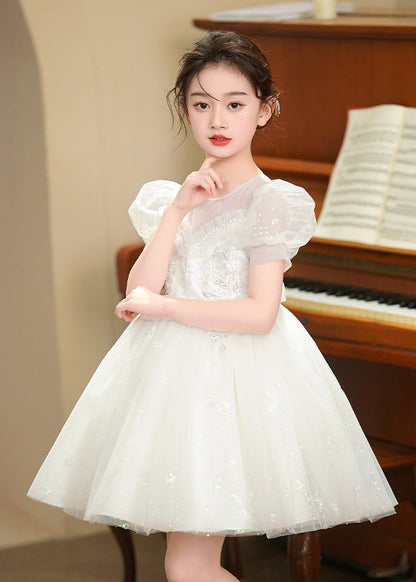 Robe de soirée blanche en tulle brodé pour bébé fille, manches bouffantes, été