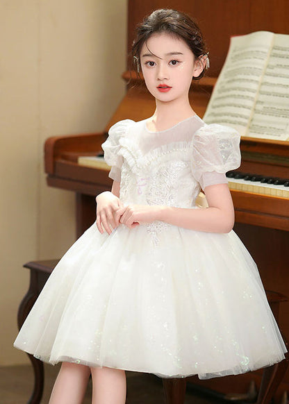 Robe de soirée blanche en tulle brodé pour bébé fille, manches bouffantes, été