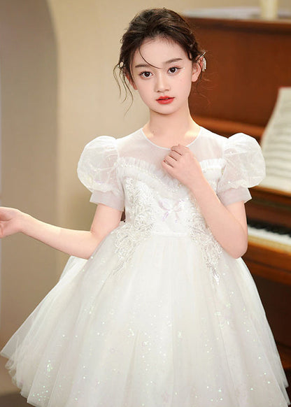 Robe de soirée blanche en tulle brodé pour bébé fille, manches bouffantes, été