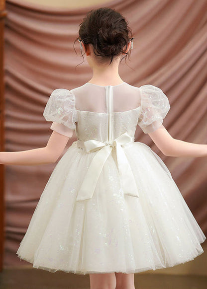 Robe de soirée blanche en tulle brodé pour bébé fille, manches bouffantes, été