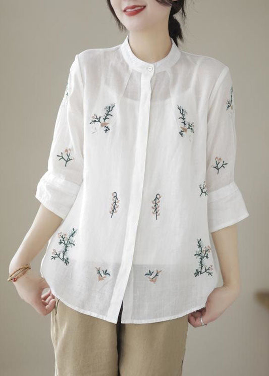White Patchwork Linen Blouses Embroideried Stand Collar Summer LY4035