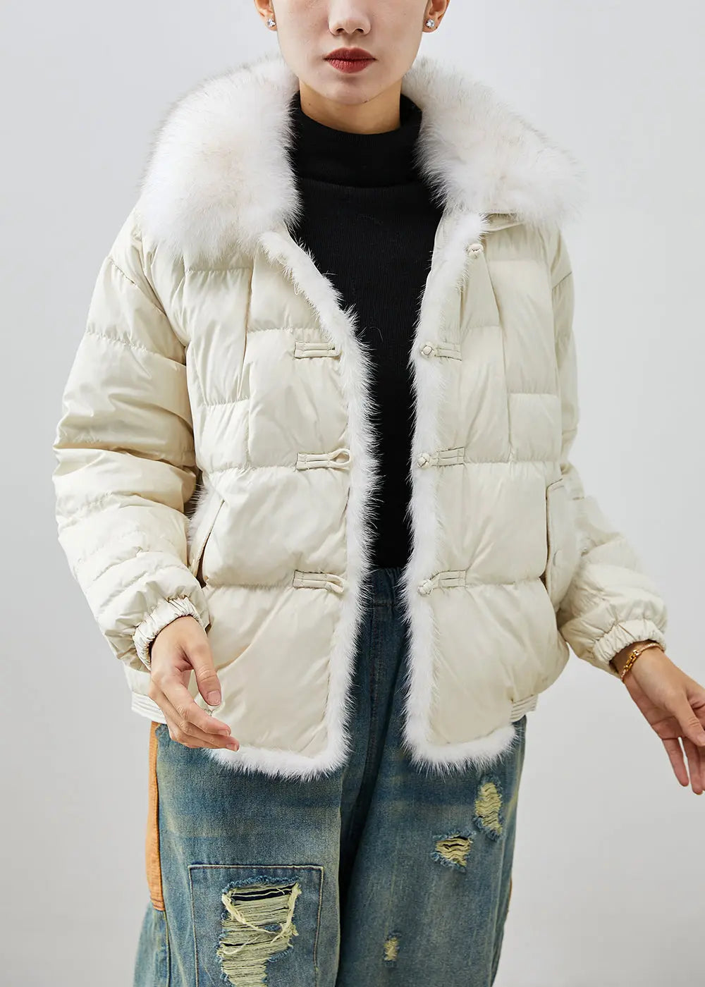 White Thick Duck Down Down Coat Oversized Fox Collar Chinese Button Winter Ada Fashion