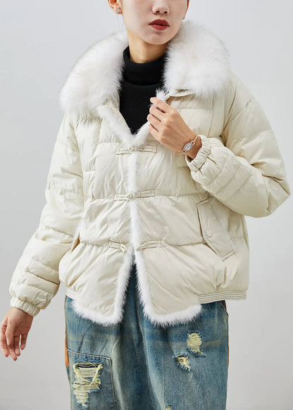 White Thick Duck Down Down Coat Oversized Fox Collar Chinese Button Winter Ada Fashion