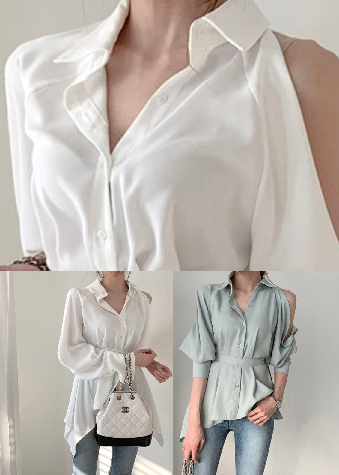 White Tie Waist Tunic Shirts Long Sleeve LY0359