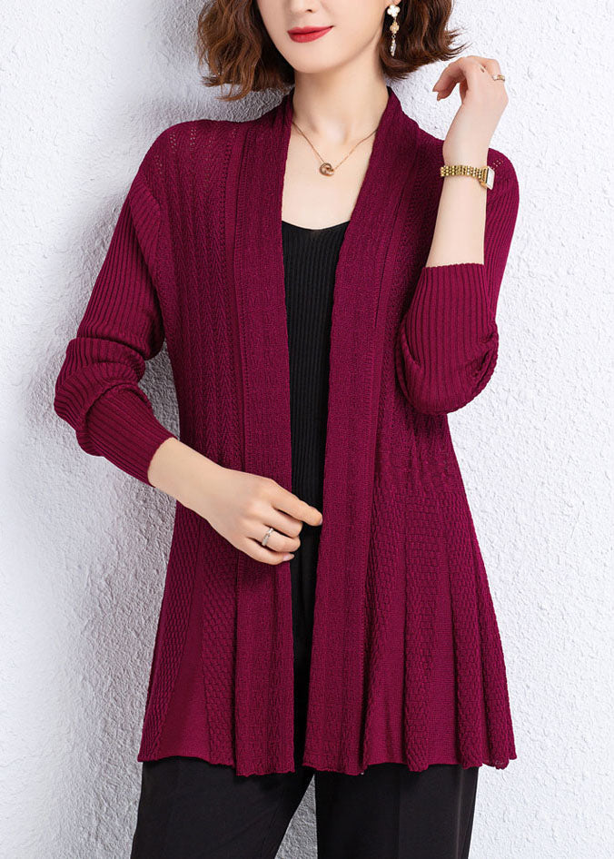 Wine Red Patchwork Knit Cardigans Hollow Out Wrinkled Fall Ada Fashion