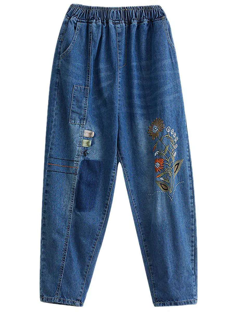 Women Artsy Flower Embroidery Denim Harem Pants Ada Fashion