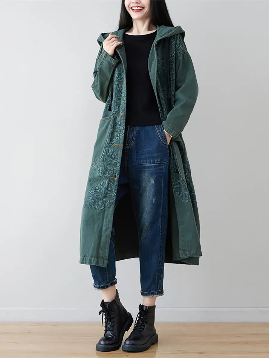 Women Artsy Flower Spliced Long Denim Hooded Coat Ada Fashion