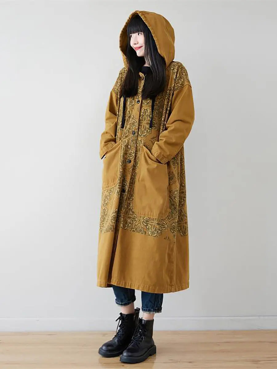 Women Artsy Flower Spliced Long Denim Hooded Coat Ada Fashion