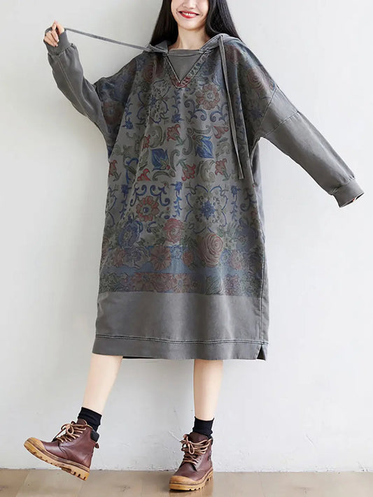 Women Artsy Flower Spring Hooded Cotton Dress Ada Fashion