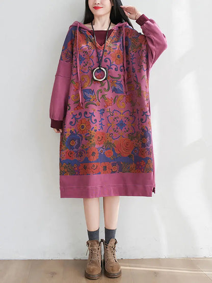 Women Artsy Flower Spring Hooded Cotton Dress Ada Fashion