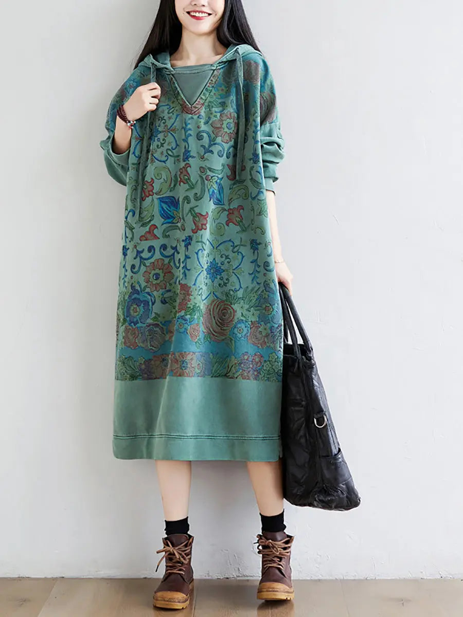 Women Artsy Flower Spring Hooded Cotton Dress Ada Fashion