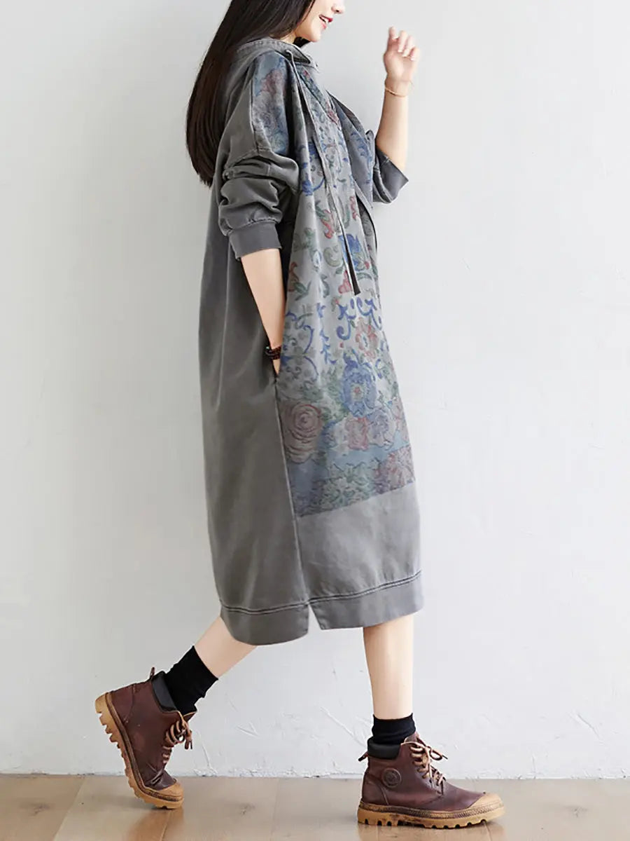 Women Artsy Flower Spring Hooded Cotton Dress Ada Fashion