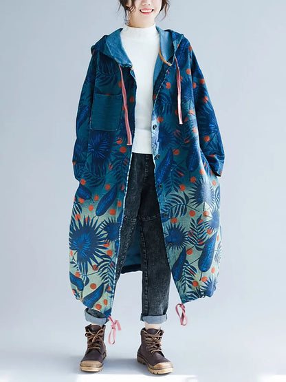 Women Artsy Leaf Gradual Print Denim Hooded Long Coat Ada Fashion