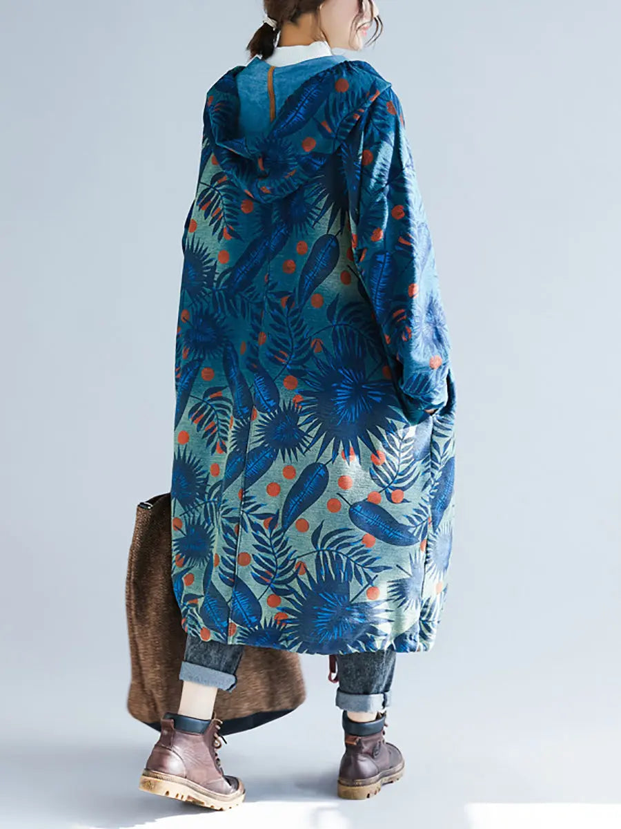 Women Artsy Leaf Gradual Print Denim Hooded Long Coat Ada Fashion