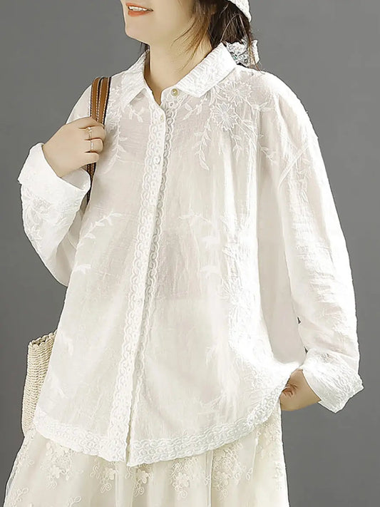 Women Artsy Spring Embroidery Loose Cotton Shirt Ada Fashion
