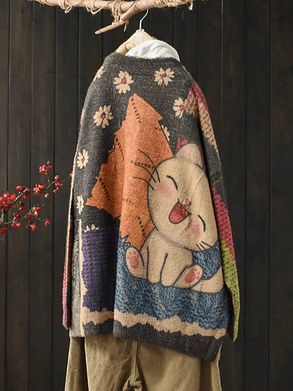 Women Autumn Flower Cat Knitted Warm Sweater Ada Fashion