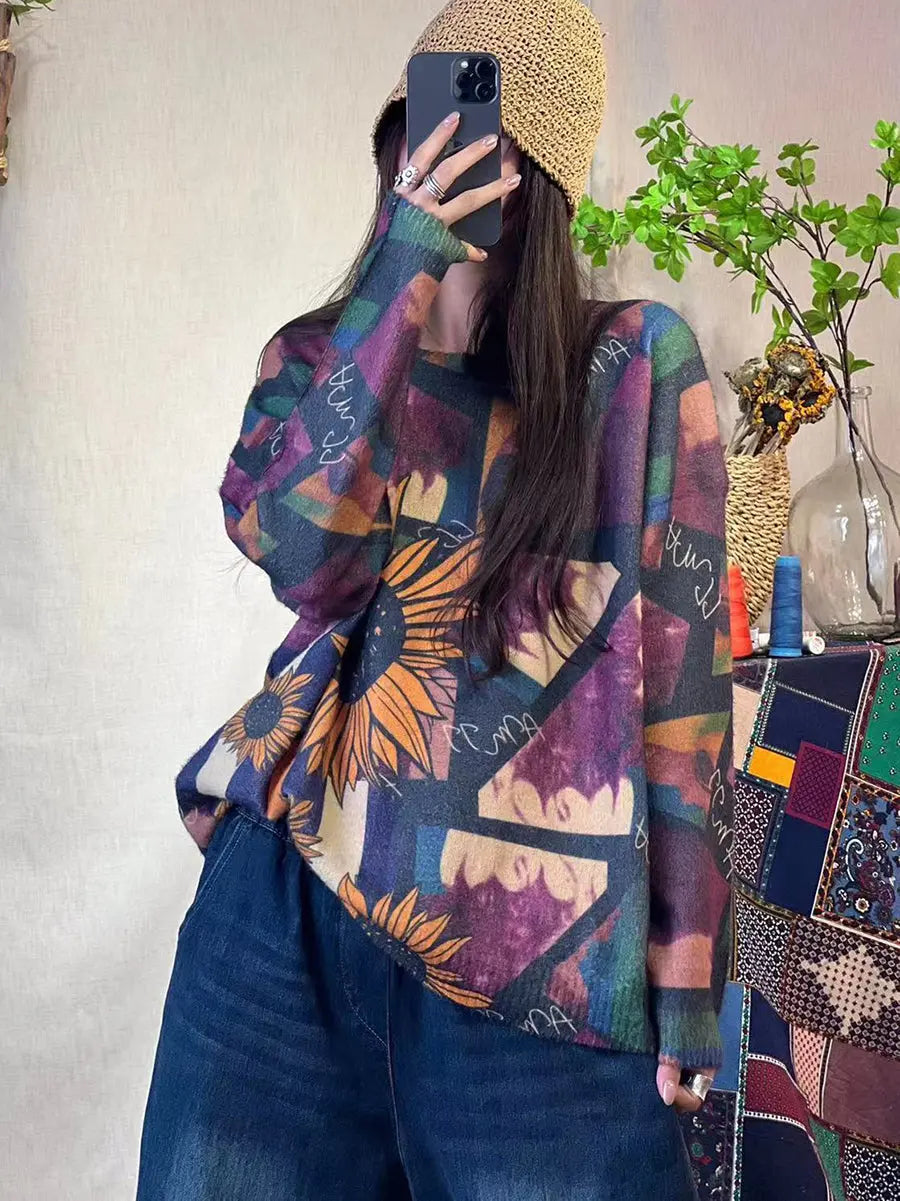 Women Autumn Flower Print Knitted O-Neck Sweater Ada Fashion