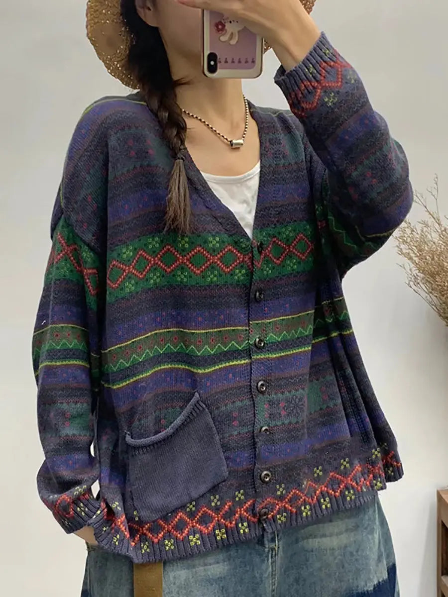 Women Autumn Geometric Knitted V-neck Sweater Ada Fashion