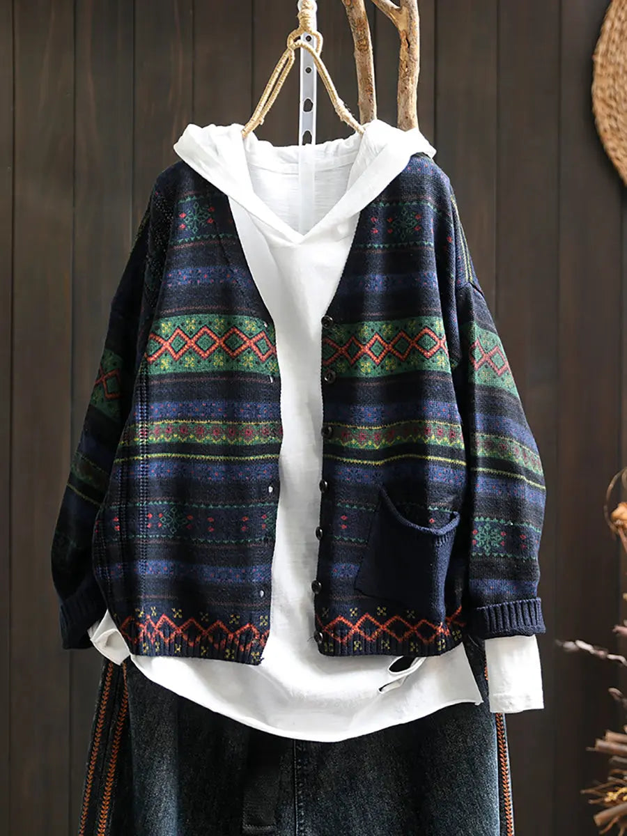 Women Autumn Geometric Knitted V-neck Sweater Ada Fashion