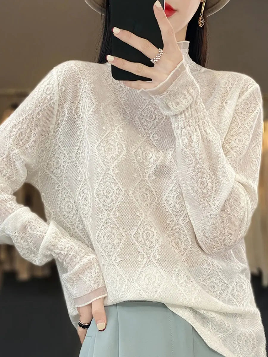 Women Autumn Lacework Knitted Half-Turtleneck Blouse Ada Fashion