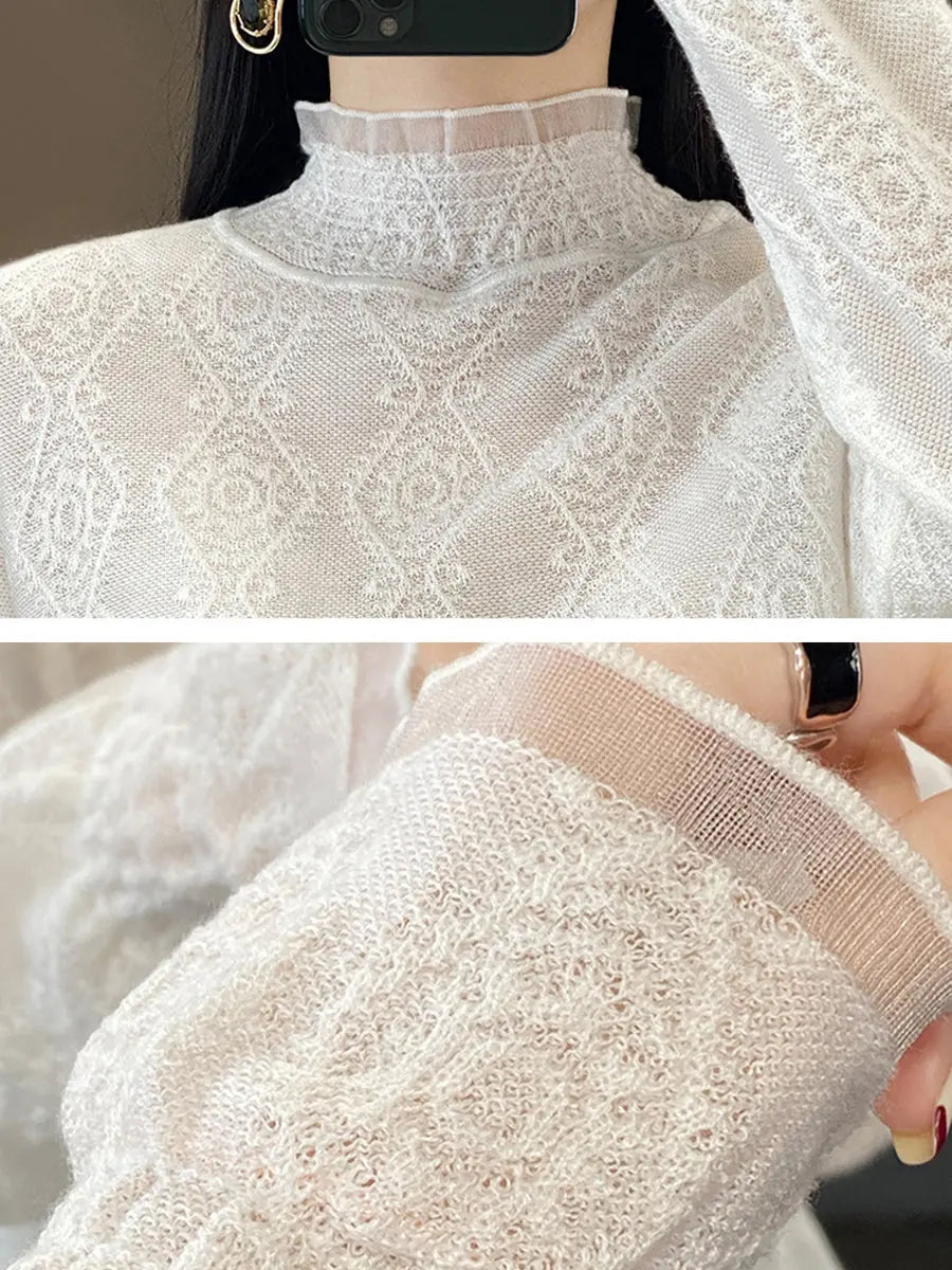 Women Autumn Lacework Knitted Half-Turtleneck Blouse Ada Fashion