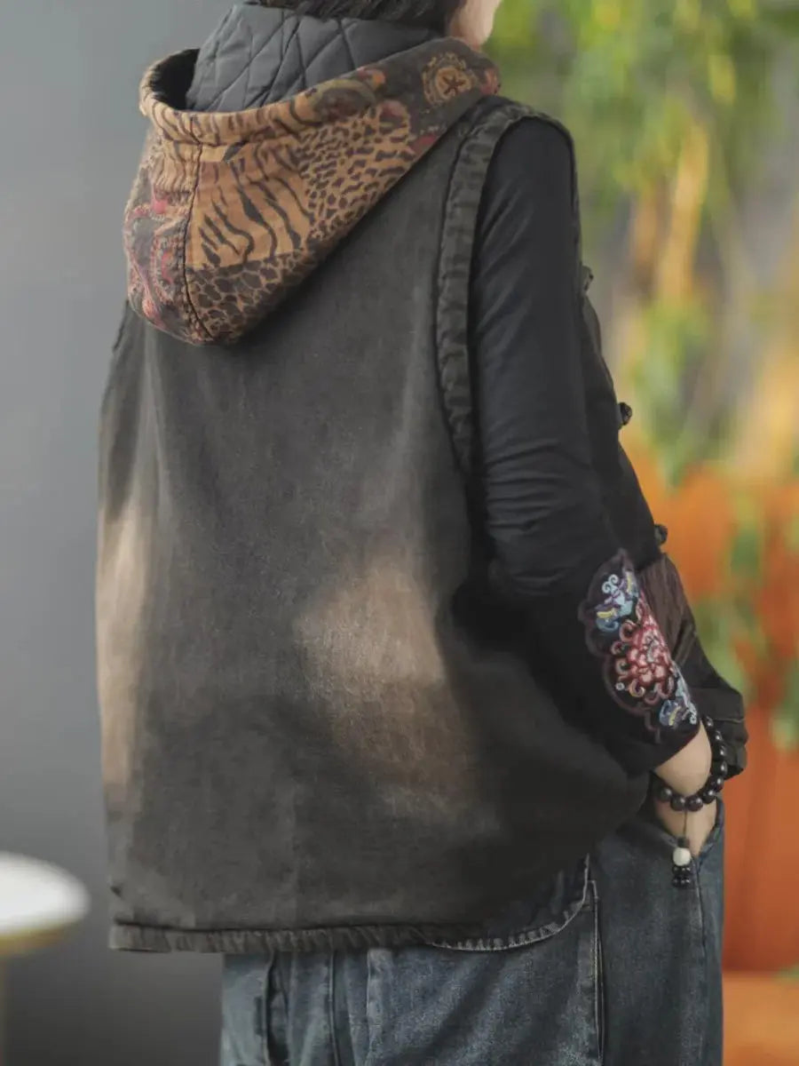 Women Autumn Retro Spliced Corduroy Hooded Vest Coat Ada Fashion
