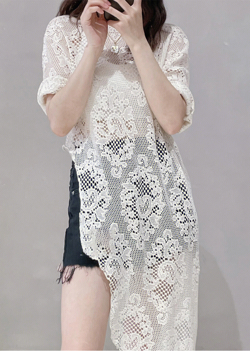 Women Beige Asymmetrical Hollow Out Lace Tops Summer Ada Fashion