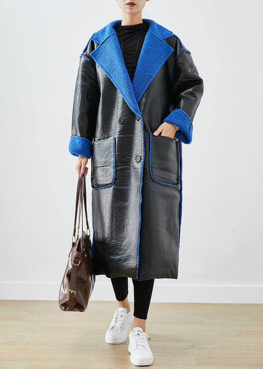 Women Black Fleece Wool Lined Wear On Both Sides Faux Leather Coat Outwear Winter Ada Fashion