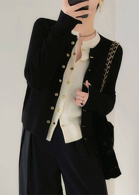 Black Button Patchwork Knit Cardigan