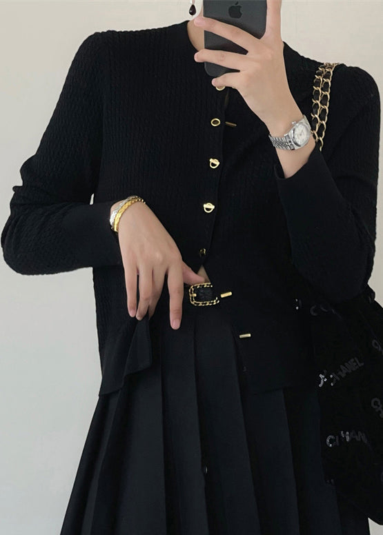 Black Button Patchwork Knit Cardigan