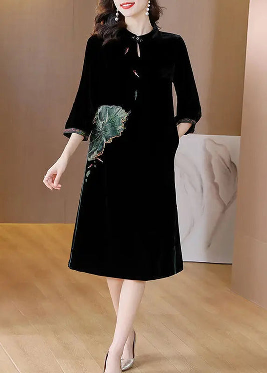 Women Black O-NeckPockets Button Silk Velour Long Dresses Bracelet Sleeve Ada Fashion