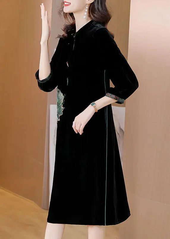 Women Black O-NeckPockets Button Silk Velour Long Dresses Bracelet Sleeve Ada Fashion