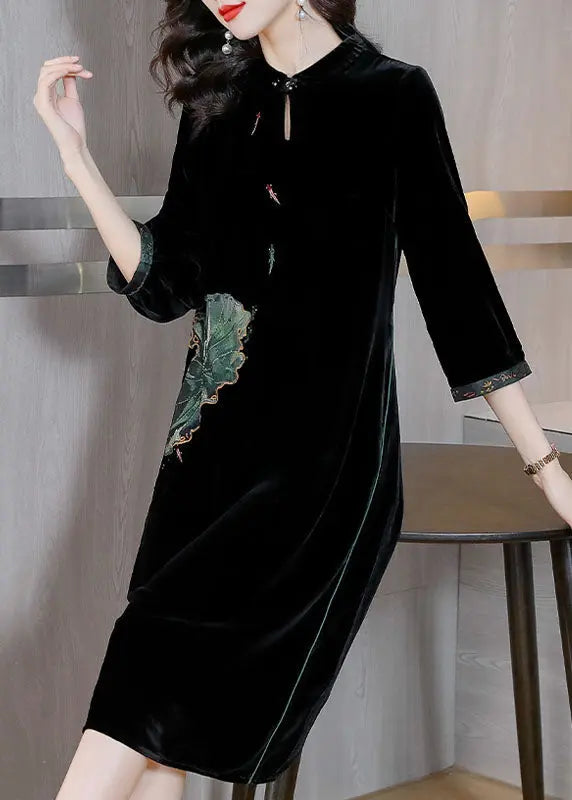 Women Black O-NeckPockets Button Silk Velour Long Dresses Bracelet Sleeve Ada Fashion