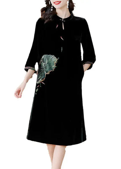 Women Black O-NeckPockets Button Silk Velour Long Dresses Bracelet Sleeve Ada Fashion