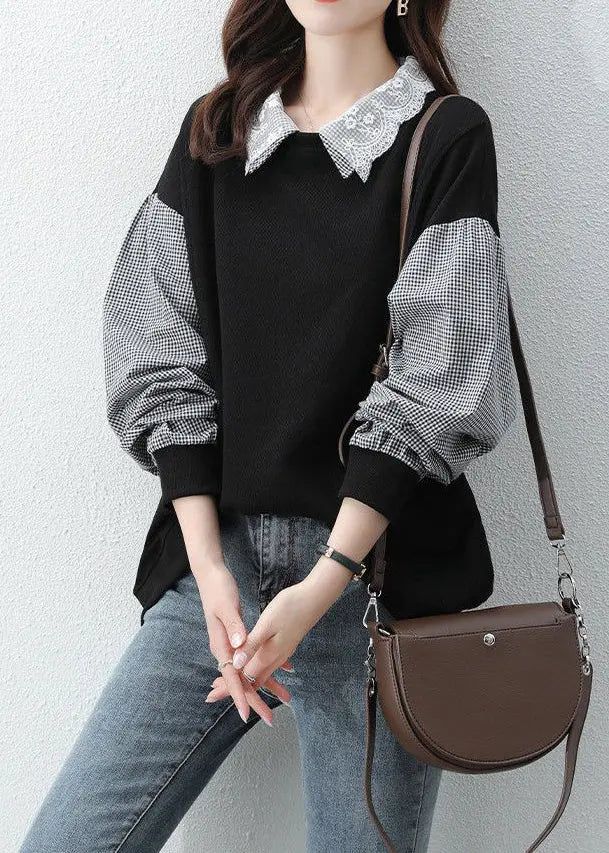 Women Black Peter Pan Collar Patchwork False Two Pieces Cotton Sweatshirt Fall Ada Fashion