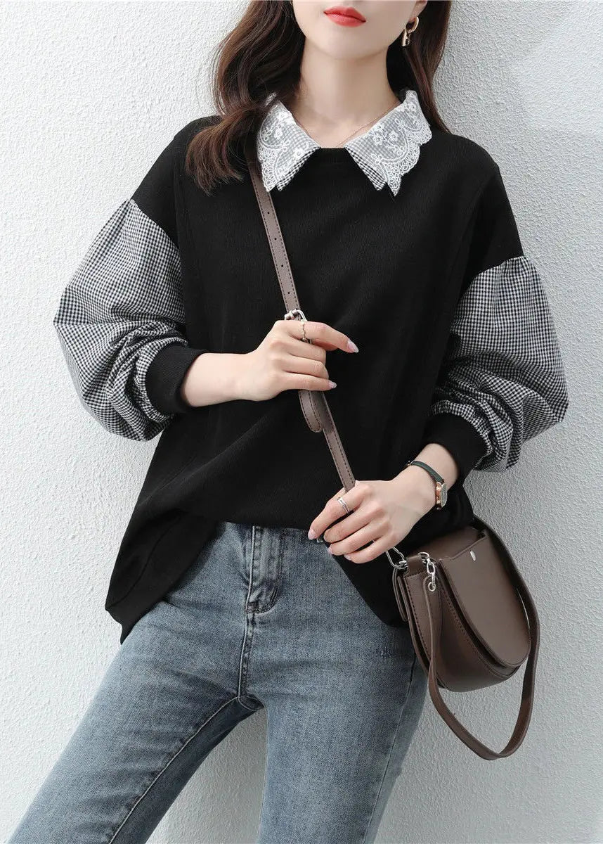 Women Black Peter Pan Collar Patchwork False Two Pieces Cotton Sweatshirt Fall Ada Fashion