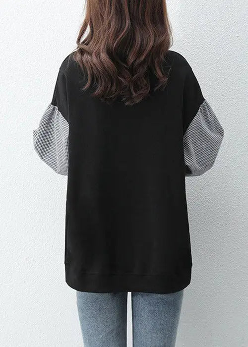 Women Black Peter Pan Collar Patchwork False Two Pieces Cotton Sweatshirt Fall Ada Fashion