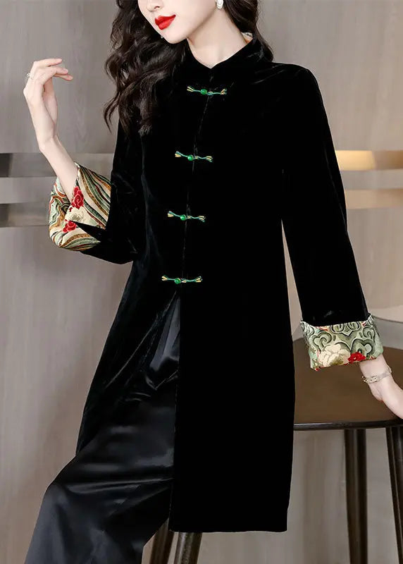 Women Black Stand Collar Patchwork Button Silk Velour Coat Bracelet Sleeve Ada Fashion