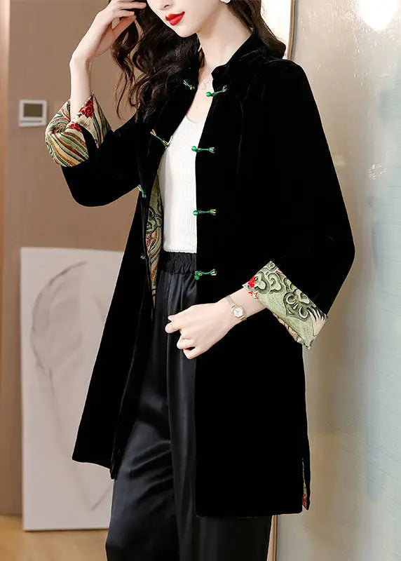 Women Black Stand Collar Patchwork Button Silk Velour Coat Bracelet Sleeve Ada Fashion