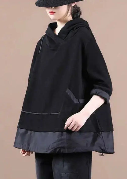 Women Black Striped Hooded Patchwork Warm Fleece Pullover Sweatshirt Winter Ada Fashion