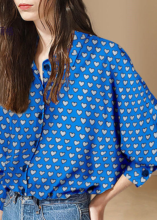 Women Blue Peter Pan Collar Heart Print Patchwork Cotton Shirt Tops Spring LY4606
