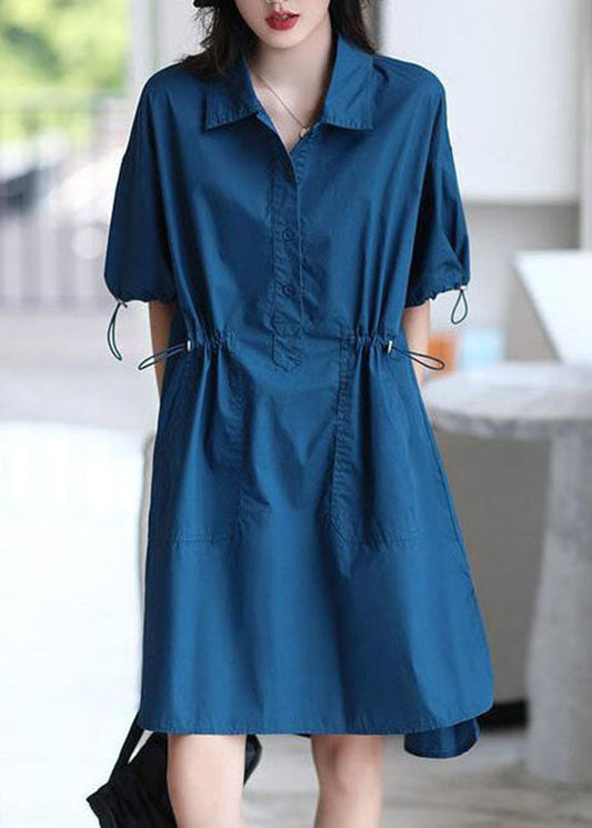 Women Blue Peter Pan Collar Patchwork Cotton Shirts Dresses Summer LY4667