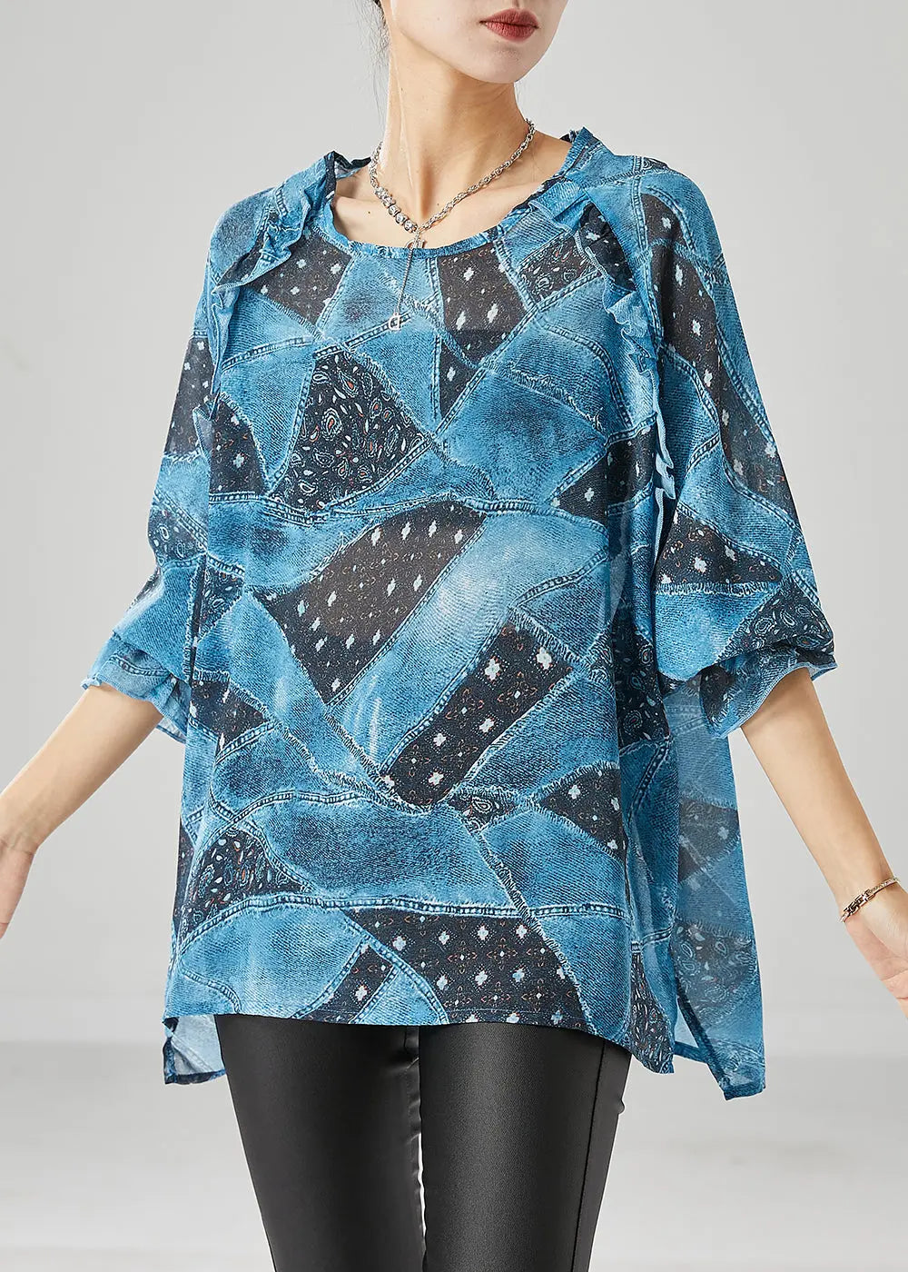 Women Blue Ruffled Print Chiffon Tanks Fall Ada Fashion