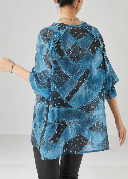 Women Blue Ruffled Print Chiffon Tanks Fall Ada Fashion