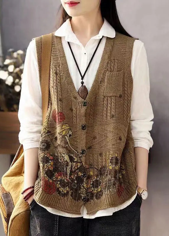 Women Brown V Neck Print Button Cotton Knit Waistcoat Sleeveless Ada Fashion