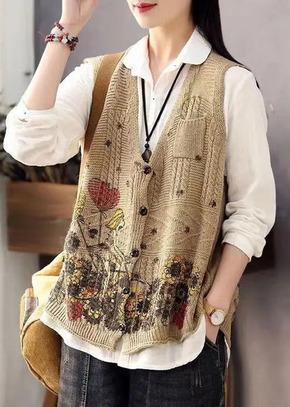 Women Brown V Neck Print Button Cotton Knit Waistcoat Sleeveless Ada Fashion