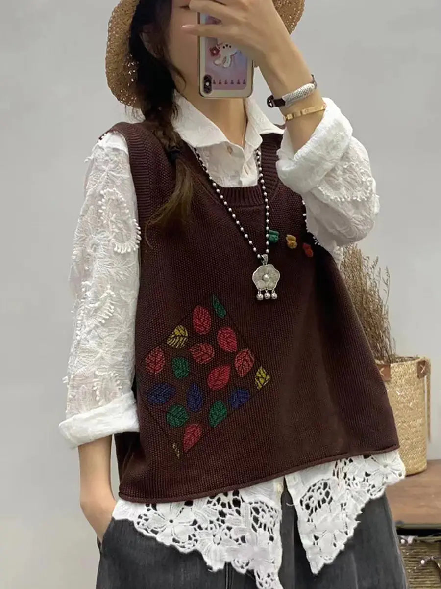 Women Casual Leaf Print Knitted Vest Ada Fashion