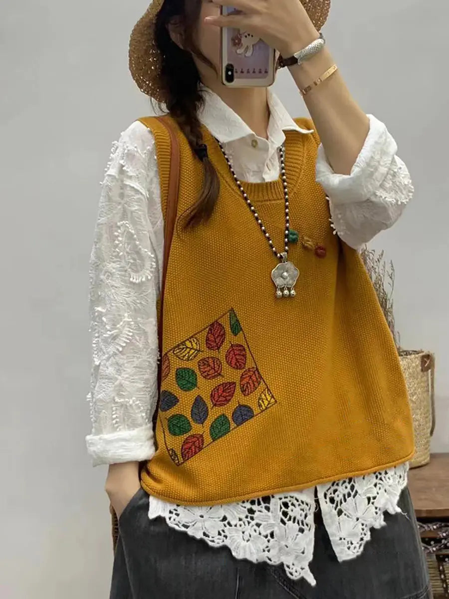 Women Casual Leaf Print Knitted Vest Ada Fashion